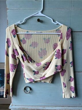 Free People Floral Twist Front Long Sleeve Crop Top - Cream with Pink Roses